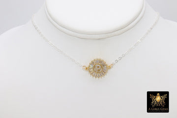 925 Silver Initial Chain Necklace, Cubic Zirconia Baguette Round Gold Disc Letters in Choker, Personalized Alphabet - A Girls Gems